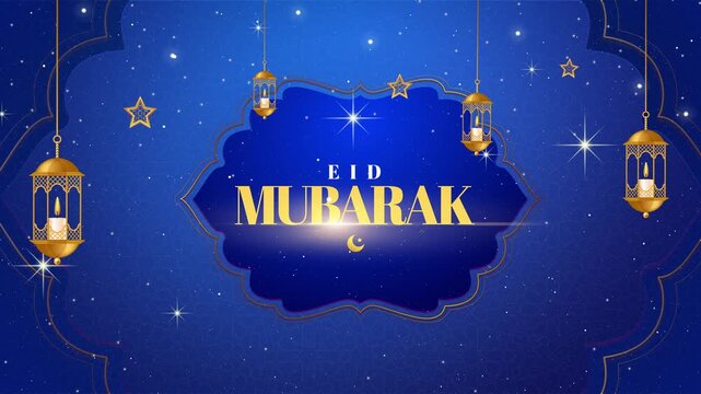 Luxurious blue and gold Ramadan Kareem celebration background, Eid Mubarak Typography