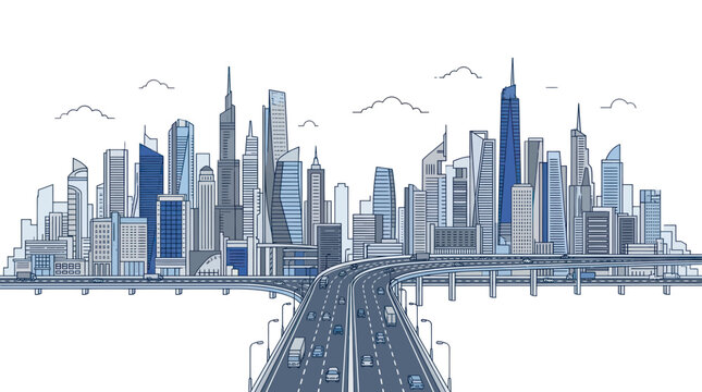 Modern urban metropolis skyline with highway overpass and traffic