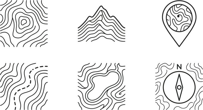 Set of topographic map icons with contour lines and navigation symbols
