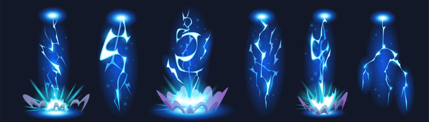 Naklejka na ściany i meble Thunder effect with comic cartoon energy and light power bolt for manga game design. Dynamic lightning electric spark impact - thunder atmosphere with anime line elements and blue strike magic.