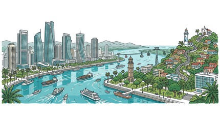 Coastal city landscape with skyscrapers and harbor waterway © Tembok