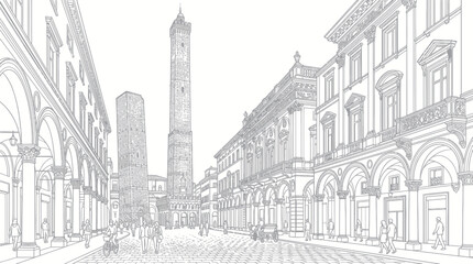 Historic italian city square with medieval towers and arched porticos © Tembok