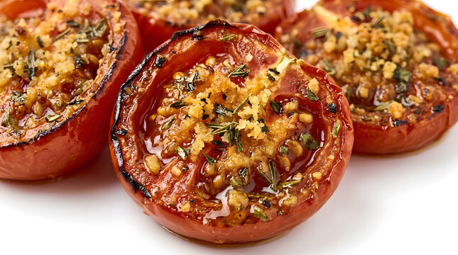 French tomatoes provencal with breadcrumbs and herbs over the top against a white background