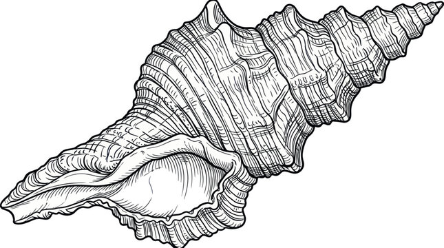 Intricate spiral seashell in black and white line art