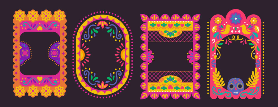 Mexican frame with vibrant border pattern and traditional elements. Mexico inspired design with hispanic vector flowers and floral paper decorations for fiesta party posters and festive invites.