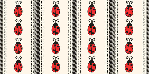 Child wallpaper design with ladybug and Dobby seamless pattern. Vector kids french farmhouse stripe wallpaper template design. Perfect textile fabric print child bedroom living room decor. EPS 10 © Svetlana