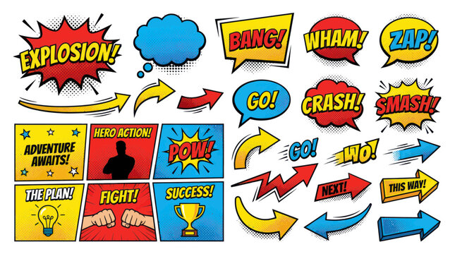 Pop art comic book design elements with sound effects and arrows