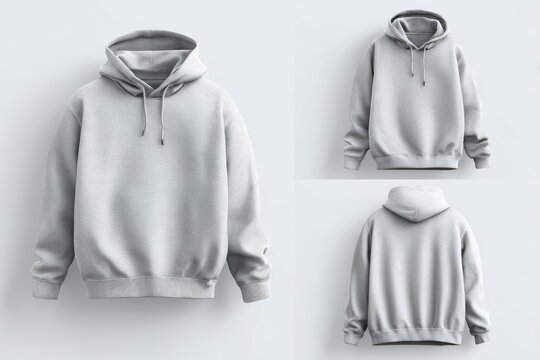 Three plain, hooded sweatshirts in front, back, and angled views, all white, on white ground
