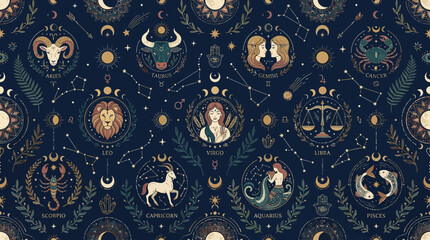 Bohemian zodiac seamless pattern, celestial ornaments, constellation diagrams, moons and mystical symbols, elegant flat vector illustration, seamless decorative background   © Maftuh