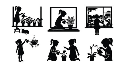Obraz premium Gardening silhouettes with potted plants and window scenes vector illustration