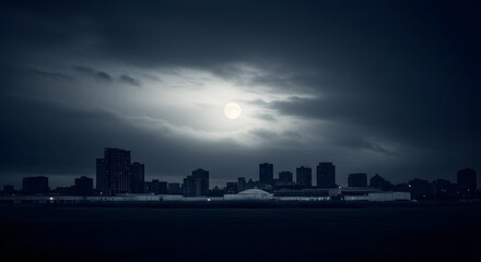 Fototapeta premium Dramatic Full Moon Shining Through Dark Clouds Over a Modern City Skyline at Night
