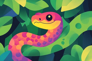 Fototapeta premium A vibrant cartoon snake playfully winding through lush green foliage.