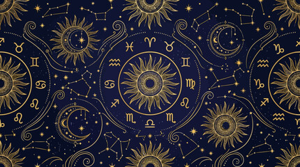 Golden celestial pattern, zodiac symbols, radiant suns, crescent moons and constellation graphics, elegant seamless flat vector illustration, premium spiritual design   © Maftuh