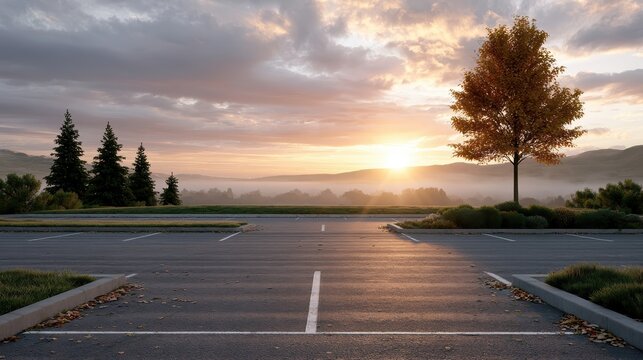 In the early morning, an empty parking lot shows scattered debris, with a large open sky and muted tones dominating the scene