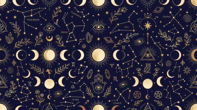 Flat vector celestial seamless pattern, constellations, moon phases and mystical symbols, luxury boho style

