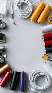 Objects like batteries and cables are spread on a neutral background, showcasing a mix of small electronics and creating a busy look