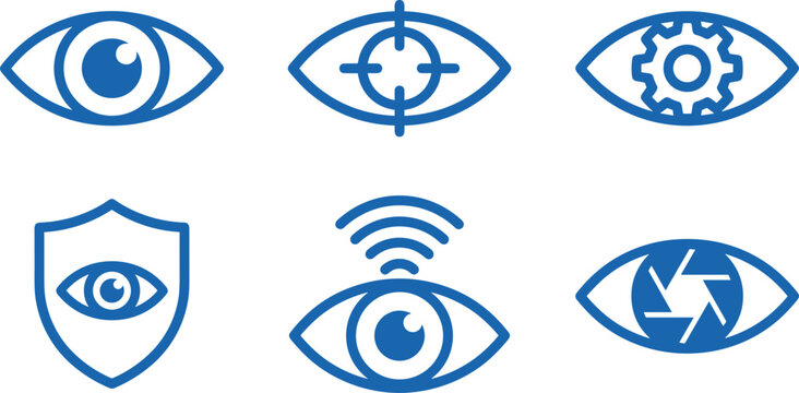 Blue cyber eye and security vision line icon set featuring biometric scan target gear shutter wifi and shield tracking symbols