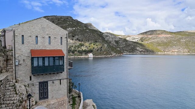 Traditional stone house overlooking the sea in Kastellorizo, Greece