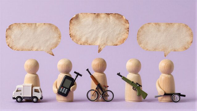 Five wooden figures with speech bubbles, symbolizing communication or conflict.