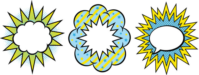 Pop art comic book speech bubble collection featuring blank explosive starburst explosion cloud frame background vector text templates © PUTUL