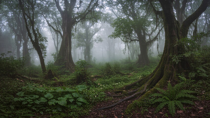 Fototapeta premium Mystical forest and mysterious fog