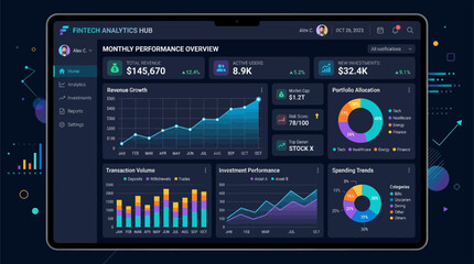 Fototapeta premium Flat vector analytics illustration, dashboards, charts and graphs, modern fintech style