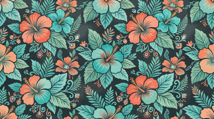 Tropical Hibiscus Flower Pattern, Vintage Floral Seamless Background © SyeilavinaIsna