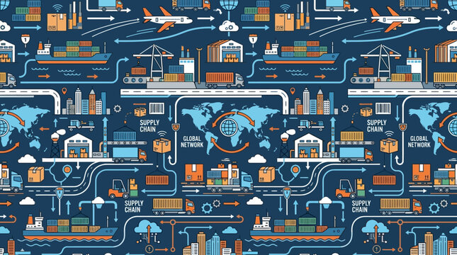 Flat vector logistics pattern, containers, ships, trucks, airplanes and supply chain graphics, modern economy theme


