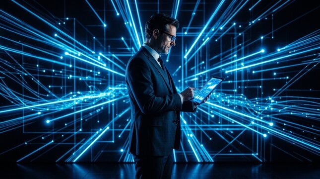 Enhancing AI neural network, tablet and programmer using deep learning algorithms, Optimizing artificial intelligence, data processing and software developer looking at generative model, camera B
