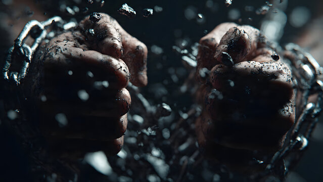 Powerful clenched hands breaking metallic chains representing freedom and liberation