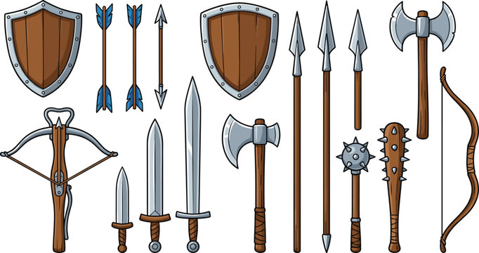 Medieval weapons vector illustration set featuring wooden shields metallic swords battle axes throwing spears spiked mace clubs crossbow and longbow isolated on white background