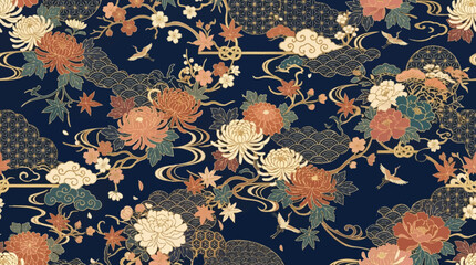 Premium Japanese ornamental seamless pattern, luxury kimono style, floral oriental decorations, geometric motifs and sophisticated gold accents, clean flat vector illustration, suitable for fabric, wa © Maftuh