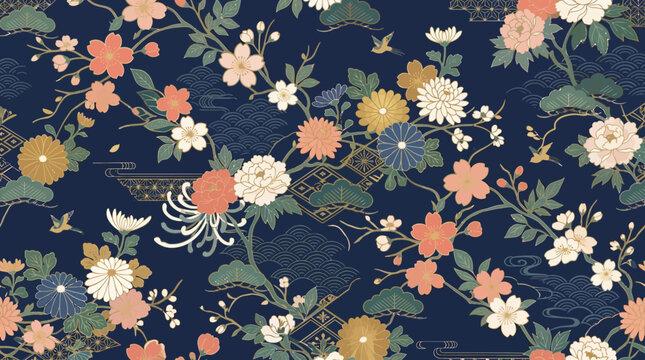 Elegant Japanese floral pattern, kimono textile inspiration, delicate oriental flowers and geometric accents, balanced seamless layout, luxury flat vector illustration, modern premium aesthetic

