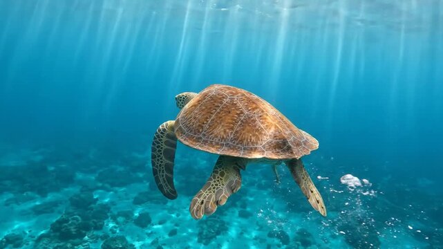 Sea turtle glides through sunlit ocean depths, flippers propelling gracefully over rocky seabed.