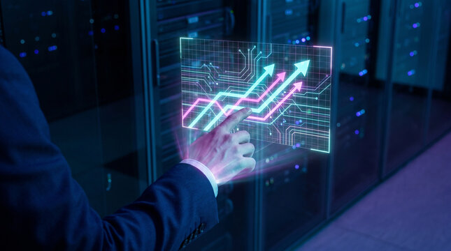 Business professional interacts with a glowing digital growth chart inside a high tech server room environment