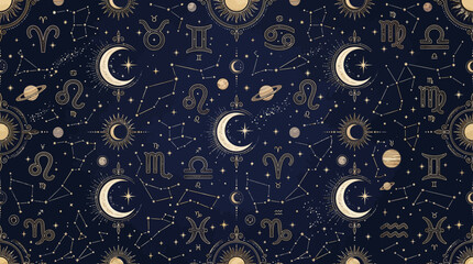 Luxury astrology seamless pattern, zodiac signs, crescent moons, stars, planetary symbols and constellation lines, elegant mystical composition, seamless flat vector design, premium celestial aestheti © Maftuh