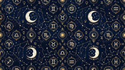 Luxury astrology seamless pattern, zodiac signs, crescent moons, stars, planetary symbols and constellation lines, elegant mystical composition, seamless flat vector design, premium celestial aestheti © Maftuh