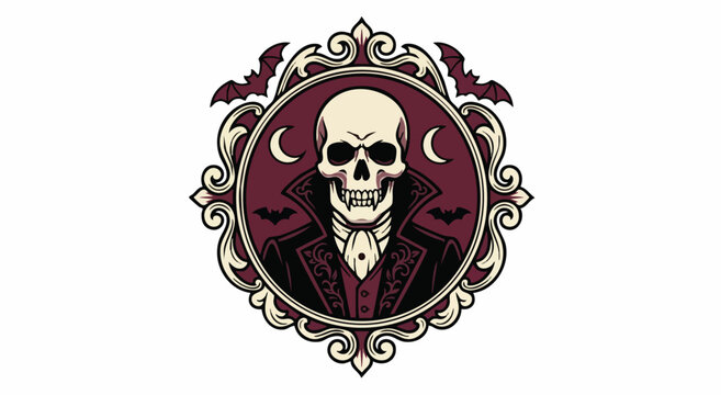Vintage Gothic Skull Emblem with Bats and Ornate Design