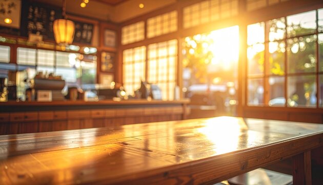 Sunlit Wooden Table in Japanese Retro Cafe Interio