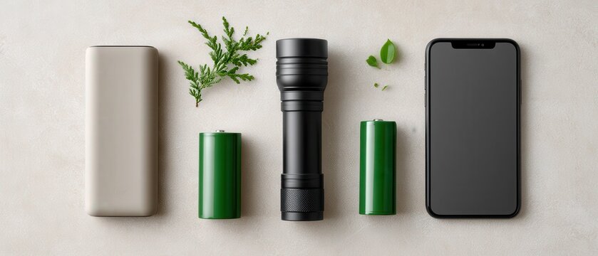 A power bank, flashlight, batteries, and a phone are neatly arranged on a neutral surface, ready for an outage