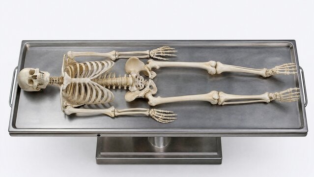 Complete human skeletal model on anatomical dissection table, joints visible, clean white background.