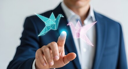 Businessman touching glowing origami cranes in a digital concept with blue and pink hues