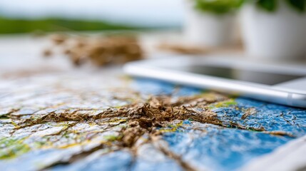 Obraz premium A cracked smartphone screen shows a map navigation app while resting on a table