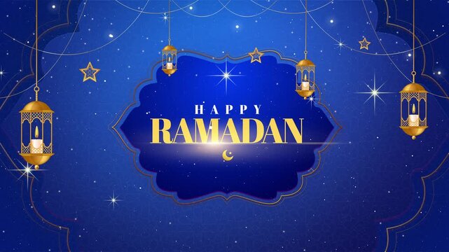 Festive Ramadan Kareem banner with magical night sky background and traditional ornate lanterns