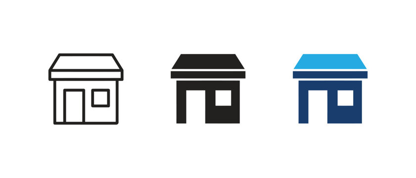 Small shop building and office front vector icon set for local business, vector illustration