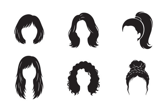 Women hairstyle collection vector silhouette set. Female haircuts, wigs and coiffure icons isolated on white background.