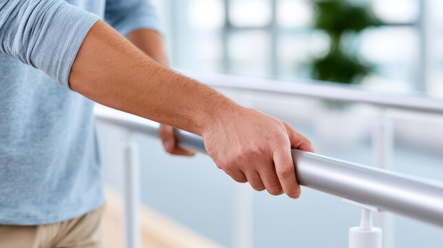 A hand grips a rehabilitation parallel bar firmly, showing focus on physical therapy. The setting is a training area with soft light