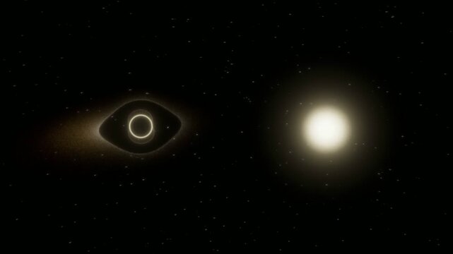  Black hole devours a star in 4K: real tidal disruption tears the golden star into a glowing stream that becomes a blazing accretion disk with gravitational lensing, photon ring and relativis