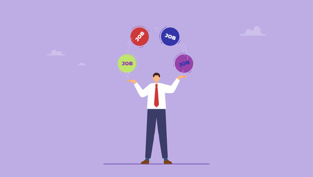 Businessman juggling many jobs. Productivity and project management skill, multitasking work and time management concept.