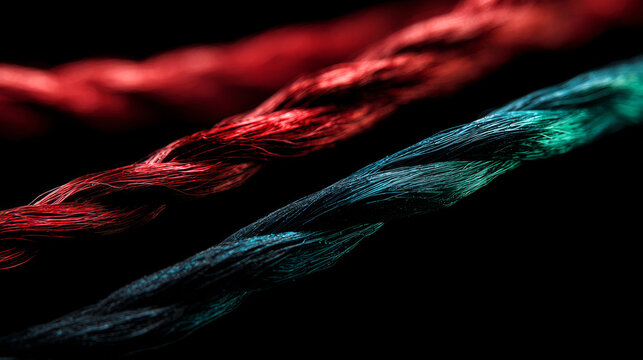 Three ultra-thin strand composed of vibrant red, blue, and green fibres, isolated against a deep black background. Shot in extreme perspective.